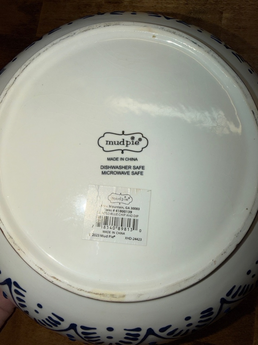 Mud Pie White Ceramic Chip & Dip Bowl with Blue Floral Design - Picture 2 of 3